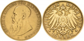 Sachsen-Meiningen
Georg II. 1866-1914 10 Mark 1909 D Jaeger 280 Selten. Avers bearbeitet, fast sehr schön/sehr schön