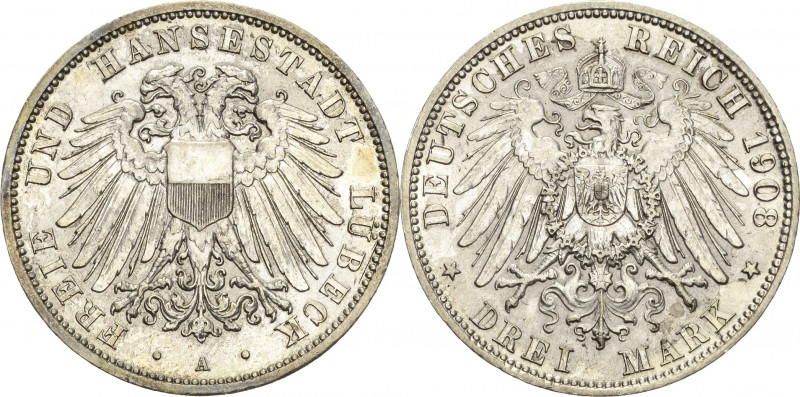 Lübeck
 3 Mark 1908 A Jaeger 82 Vorzüglich/vorzüglich-Stempelglanz