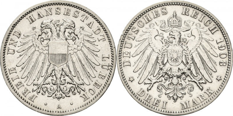 Lübeck
 3 Mark 1908 A Jaeger 82 Kl. Randfehler, sehr schön+