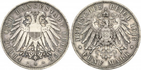 Lübeck
 5 Mark 1913 A Jaeger 83 Kl. Randfehler, fast vorzüglich/vorzüglich