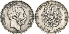 Sachsen
Albert 1873-1902 5 Mark 1889 E Jaeger 122 Seltener Jahrgang. Randfehler, fast sehr schön/sehr schön