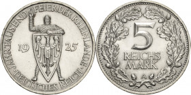 5 Reichsmark 1925 A Rheinlande Jaeger 322 Vorzüglich-Stempelglanz