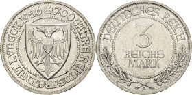 3 Reichsmark 1926 A Lübeck Jaeger 323 Kl.Randfehler, kl. Kratzer, vorzüglich-Stempelglanz/fast vorzüglich