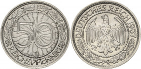 50 Reichspfennig 1937 J Lichtenrader Prägung Jaeger 324 Selten. Min. Randfehler, vorzüglich-prägefrisch