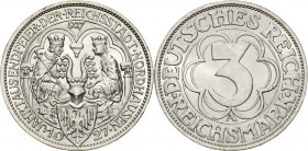 3 Reichsmark 1927 A Nordhausen Jaeger 327 Kl. Kratzer, vorzüglich-Stempelglanz