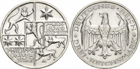 3 Reichsmark 1927 A Marburg Jaeger 330 Winz. Randfehler, fast Stempelglanz/vorzüglich-Stempelglanz