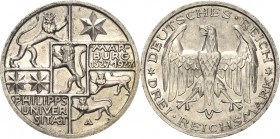 3 Reichsmark 1927 A Marburg Jaeger 330 Kl. Randfehler, vorzüglich-Stempelglanz