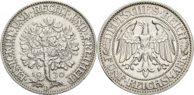 5 Reichsmark 1930 D Eichbaum Jaeger 331 Selten. Min. Randfehler, vorzüglich-prägefrisch