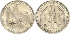 3 Reichsmark 1929 A Waldeck Jaeger 337 Vorzüglich-Stempelglanz
