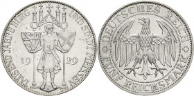 5 Reichsmark 1929 E Meißen Jaeger 339 Kl. Kratzer, fast vorzüglich/vorzüglich-Stempelglanz