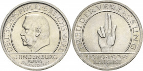 5 Reichsmark 1929 A Verfassung Jaeger 341 Kl. Randfehler, vorzüglich-Stempelglanz