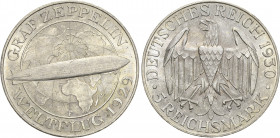 5 Reichsmark 1930 F Zeppelin Jaeger 343 Kl. Randfehler, fast Stempelglanz