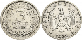 3 Reichsmark 1931 D Kursmünze Jaeger 349 Avers winz. Fleck, prägefrisch