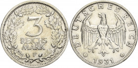3 Reichsmark 1931 F Kursmünze Jaeger 349 Fast vorzüglich