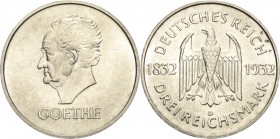 3 Reichsmark 1932 D Goethe Jaeger 350 Kl. Kratzer, vorzüglich-Stempelglanz