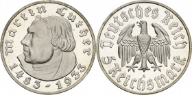 5 Reichsmark 1933 A Luther Jaeger 353 Prachtexemplar. Polierte Platte
