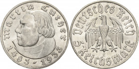 5 Reichsmark 1933 E Luther Jaeger 353 Vorzüglich-Stempelglanz