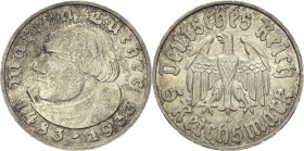 5 Reichsmark 1933 D Luther Jaeger 353 Vorzüglich-Stempelglanz