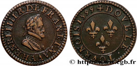 HENRY IV
Type : Double tournois, 2e type de Paris (légende française) 
Date : 1599 
Mint name / Town : Paris, Moulin des Étuves 
Metal : copper 
Diame...