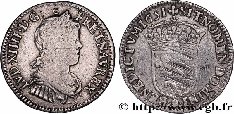LOUIS XIV "THE SUN KING"
Type : Quart d'écu à la mèche longue 
Date : 1651 
Mint...