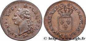LOUIS XVI
Type : Sol dit "à l'écu" 
Date : 1787 
Mint name / Town : Orléans 
Metal : copper 
Diameter : 31  mm
Orientation dies : 6  h.
Weight : 12,61...