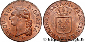 LOUIS XVI
Type : Sol dit "à l'écu" 
Date : 1791 
Mint name / Town : Lyon 
Quantity minted : 1734146 
Metal : copper 
Diameter : 29  mm
Orientation die...