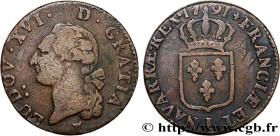 LOUIS XVI
Type : Sol dit "à l'écu" 
Date : 1791 
Mint name / Town : Limoges 
Metal : copper 
Diameter : 28,5  mm
Orientation dies : 6  h.
Weight : 11,...