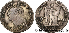 LOUIS XVI
Type : 30 sols dit "au génie", type FRANÇOIS 
Date : 1792 
Mint name / Town : Nantes 
Metal : silver 
Millesimal fineness : 666  ‰
Diameter ...