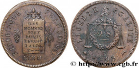 THE CONVENTION
Type : 2 sols dit "à la table de loi", refrappe 
Date : 1793 
Mint name / Town : Rouen 
Metal : bell metal 
Diameter : 36  mm
Orientati...
