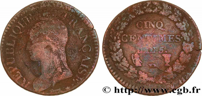 DIRECTOIRE
Type : Cinq centimes Dupré, grand module, "refrappage" du décime 
Dat...