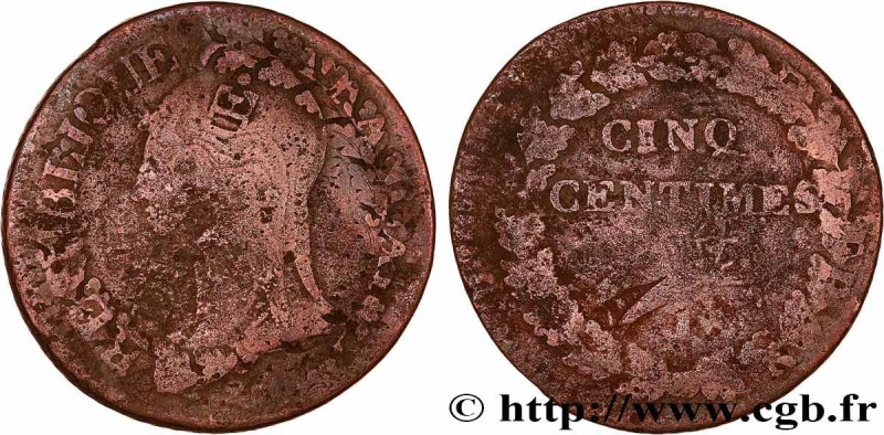 DIRECTOIRE
Type : Cinq centimes Dupré, grand module, "refrappage" du décime 
Dat...