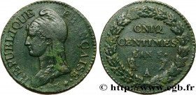 DIRECTOIRE
Type : Cinq centimes Dupré, grand module, CNIQ 
Date : An 5 (1796-1797) 
Mint name / Town : Paris 
Quantity minted : --- 
Metal : copper 
D...