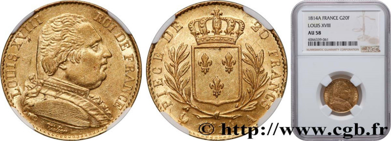 LOUIS XVIII
Type : 20 francs or Louis XVIII, buste habillé 
Date : 1814 
Mint na...