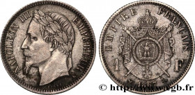 SECOND EMPIRE
Type : 1 franc Napoléon III, tête laurée 
Date : 1867 
Mint name / Town : Bordeaux 
Quantity minted : 6091959 
Metal : silver 
Millesima...