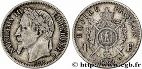 SECOND EMPIRE
Type : 1 franc Napoléon III, tête laurée, Grand BB 
Date : 1868 
Mint name / Town : Strasbourg 
Quantity minted : 10230151 
Metal : silv...