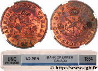 CANADA
Type : 1/2 Penny token Bank of Upper Canada 
Date : 1854 
Mint name / Town : Heaton 
Quantity minted : 1500000 
Metal : copper 
Diameter : 27,8...