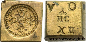 LOUIS XIII
Type : Poids monétaire pour le demi-franc  
Date : n.d. 
Metal : brass 
Diameter : 13  mm
Orientation dies : 3  h.
Weight : 7,05  g.
Obvers...