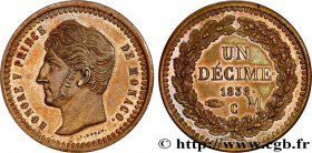 MONACO - HONORE V
Type : Essai Un décime 
Date : 1838 
Quantity minted : --- 
Metal : bronze 
Diameter : 33,97  mm
Orientation dies : 6  h.
Weight : 1...