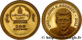MONGOLIA
Type : 500 Tugrik Proof Kennedy 
Date : 2013 
Quantity minted : - 
Metal : gold 
Millesimal fineness : 999  ‰
Diameter : 14  mm
Orientation d...