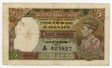British India 5 Rupees 1937 (ND)
P# 18a; N# 203961; # B/29 825827; VF-