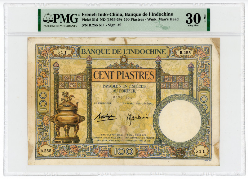 French Indochina 100 Piastres 1936 - 1939 (ND) PMG 30
P# 51d; N# 220438; #B.255...