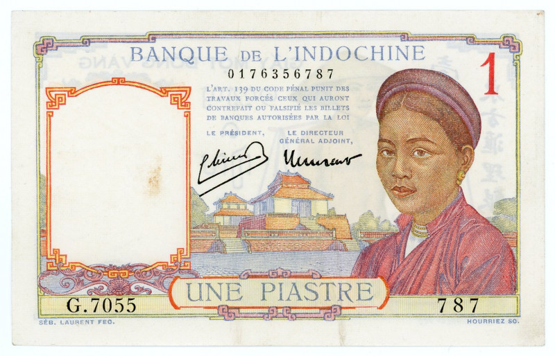 French Indochina 1 Piastre 1932 (ND)
P# 54a; N# 292244; # 0176356787; XF-AUNC