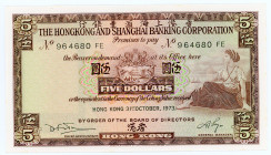 Hong Kong & Shanghai Banknig Corporation 5 Dollars 1973 
P# 181f; N# 211249; # 964980 FE; UNC