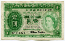 Hong Kong 1 Dollar 1959
P# 324A; N# 204092; # 6F-941223; VF-XF