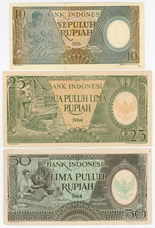 Indonesia 10-25-50 Rupiah 1963 - 1964
N# 206933; N# 215722; N# 211779; XF-UNC