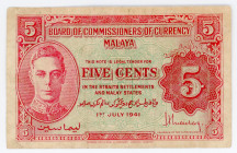 Malaya 5 Cents 1941 (1945)
P# 7; N# 214597; VF-