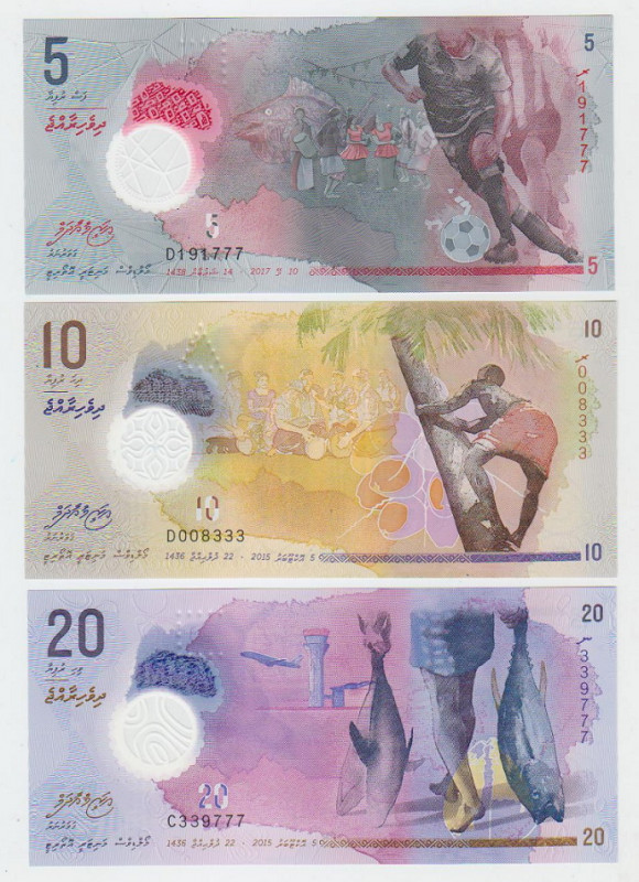 Maldives 5 - 10 - 20 Rufiyaa 2015 Fancy Numbers
P# 26A; 26; 27; N# 202014; N# 2...