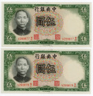 China Central Bank of China 2 x 5 Yuan 1936 With Consecutive Numbers
P# 213a; N# 206965; UNC