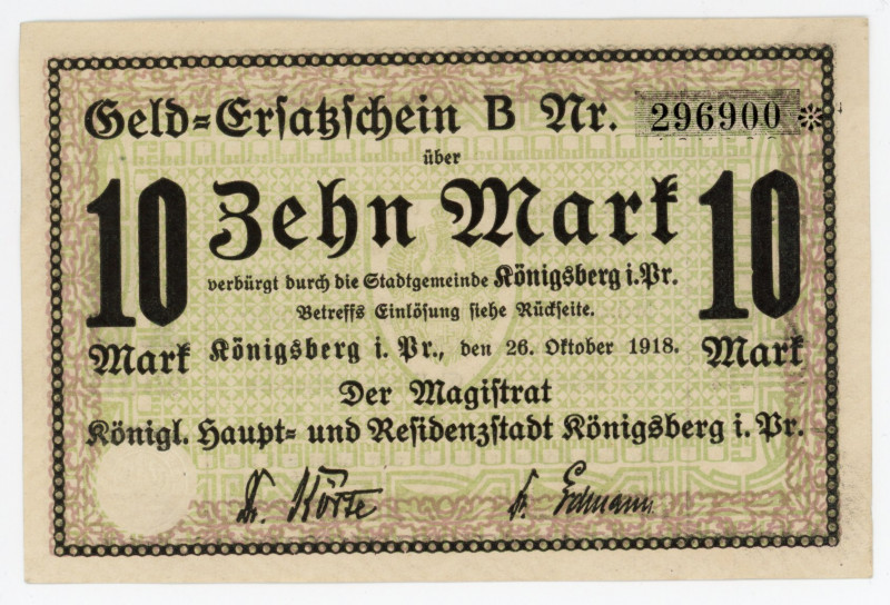 Germany - Empire East Prussia, Königsberg 10 Mark 1918 Notgeld
Karpinski# 23.50...