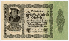 Germany - Weimar Republic 50000 Mark 1922
P# 79; N# 207354; # 4e 040574; UNC